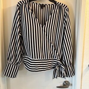 Elegant Black and White Striped Wrap Blouse